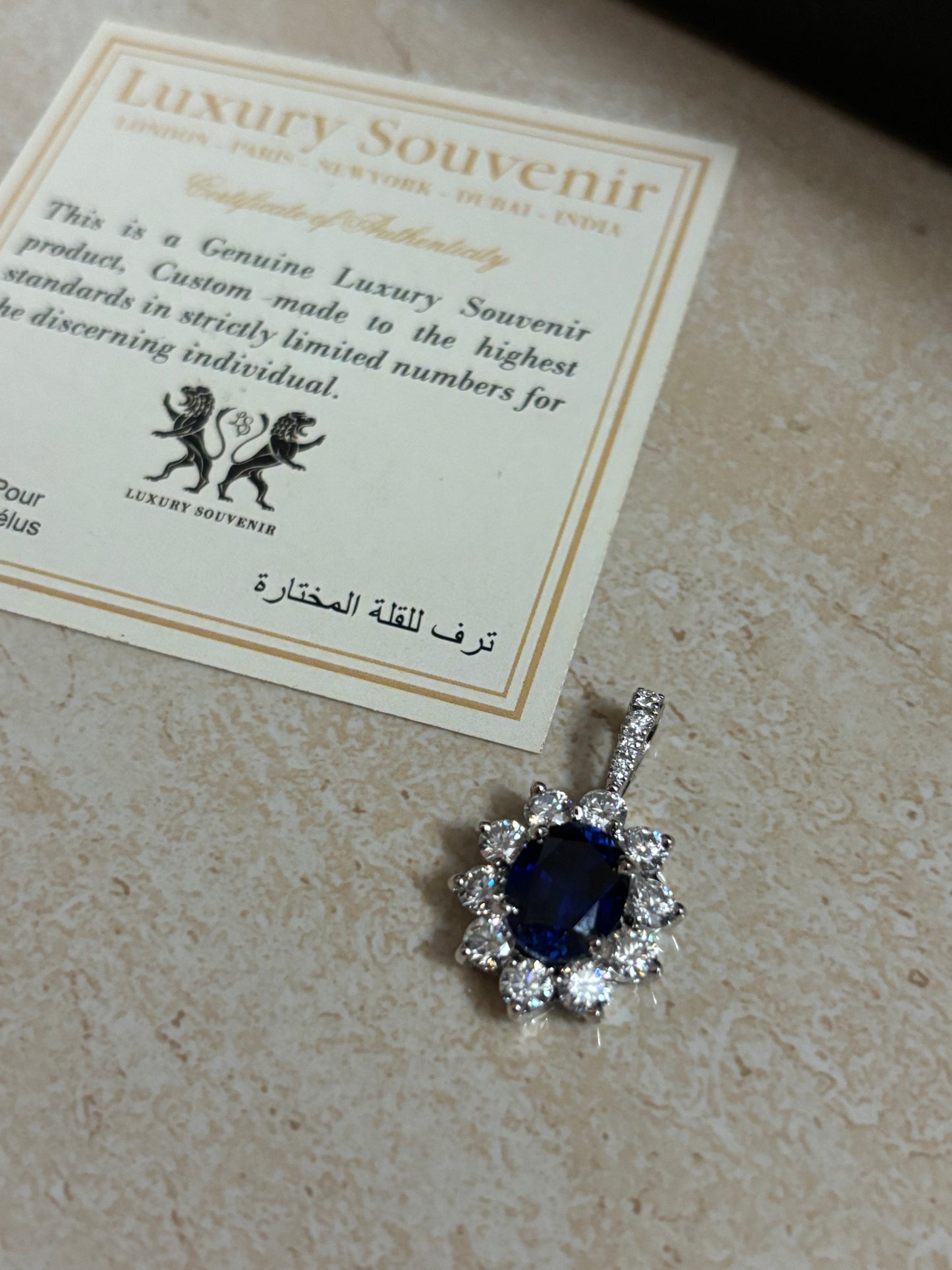 Lab Grown Blue Sapphire 5 Carat Pendant with Lab Diamonds on White Gold