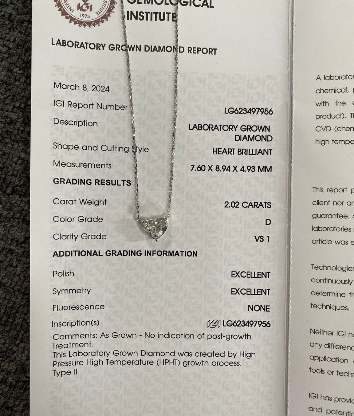 2 Carat Heart pendant lab grown on 14Kt Hallmarked white gold chain 16 inches