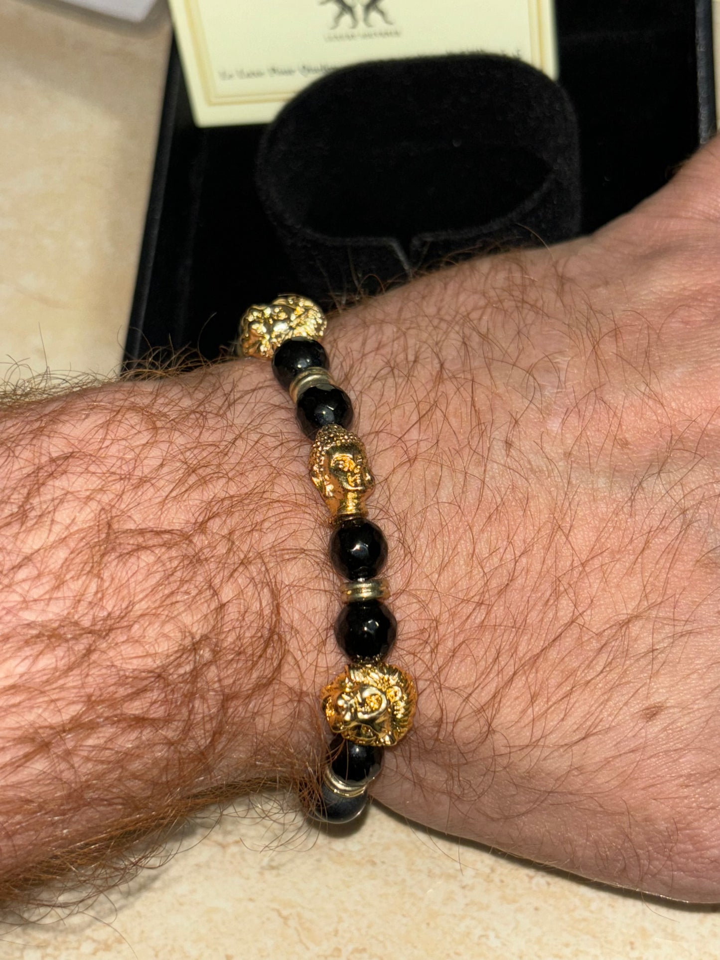 LIONROAR - Dual Lion & 1 Buddha with black gold beads and 24Kt Gold Rings , Limited Edition Bracelet Designed by RRG