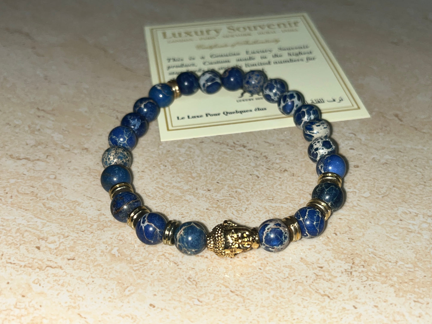 Buddha Bracelet 24Kt Gold Plated with Blue Sediment Jasper Beads EXCLUSIVE