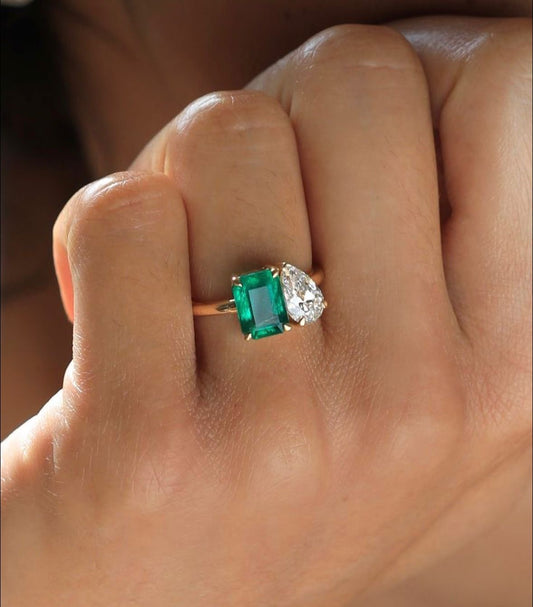 TOI ET MOI ( You & Me ) 2 Carat Emerald 1.5 Carat Pear Lab Grown Diamond Ring on 14Kt Hallmarked Gold