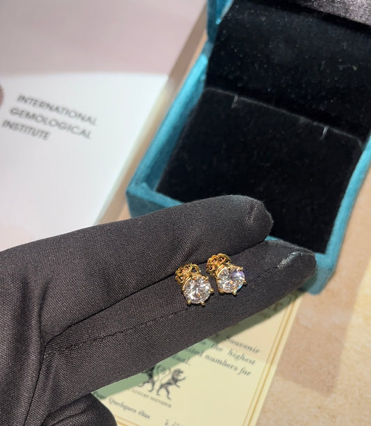 1-1 Carat Lab Grown Diamond Earings Solitaire Studs on 18Kt Hallmarked Gold