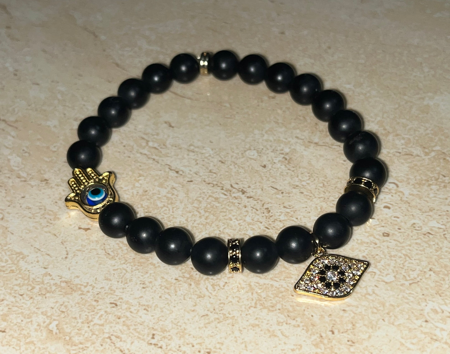 Evil Eye / Hand of Hamsa Bracelet in Black Beads with Hand of Hamsa Charm 🪬 24Kt Gold Plated