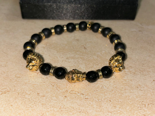 LIONROAR - Dual Lion & 1 Buddha with black gold beads and 24Kt Gold Rings , Limited Edition Bracelet Designed by RRG