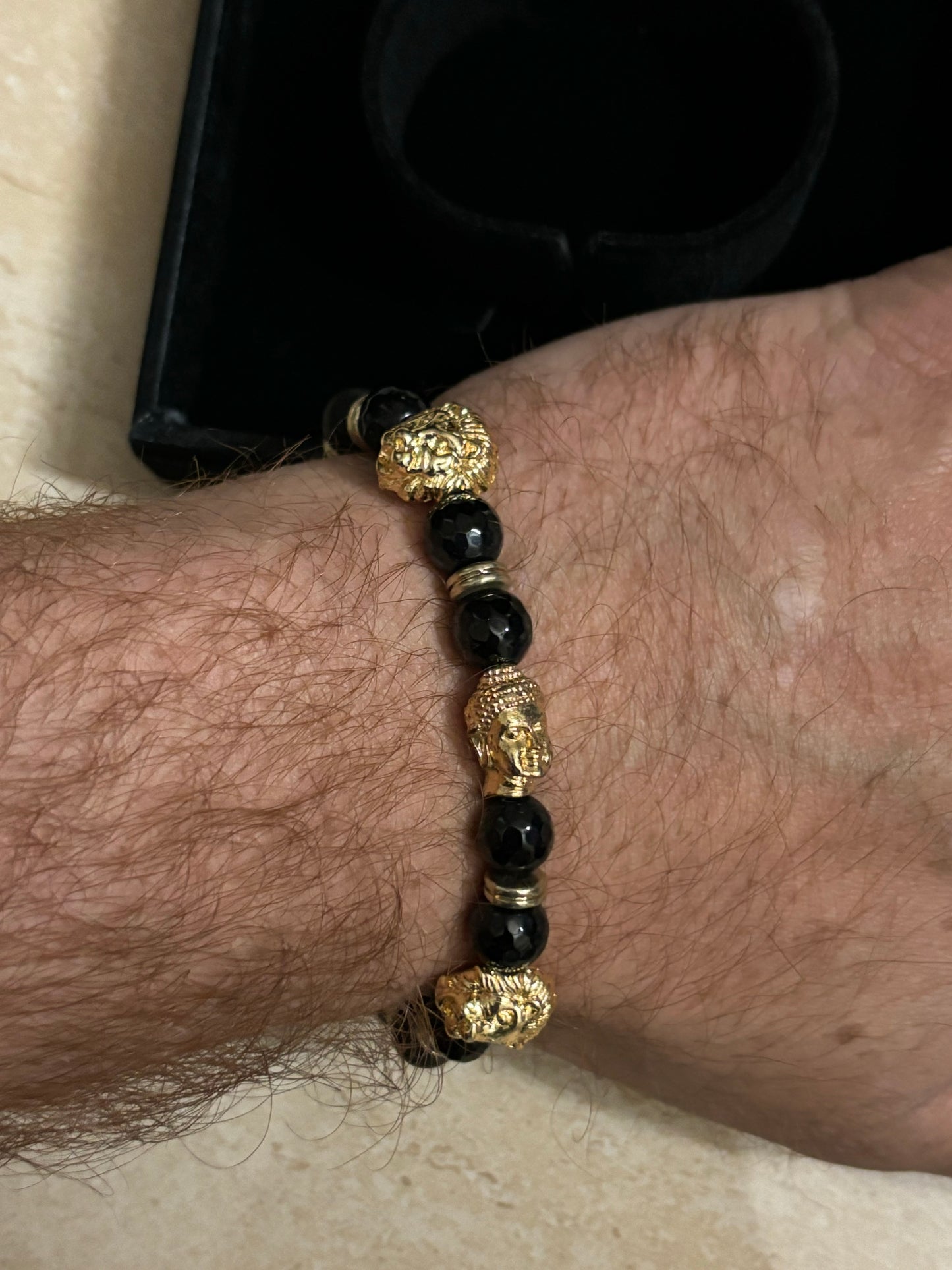 LIONROAR - Dual Lion & 1 Buddha with black gold beads and 24Kt Gold Rings , Limited Edition Bracelet Designed by RRG