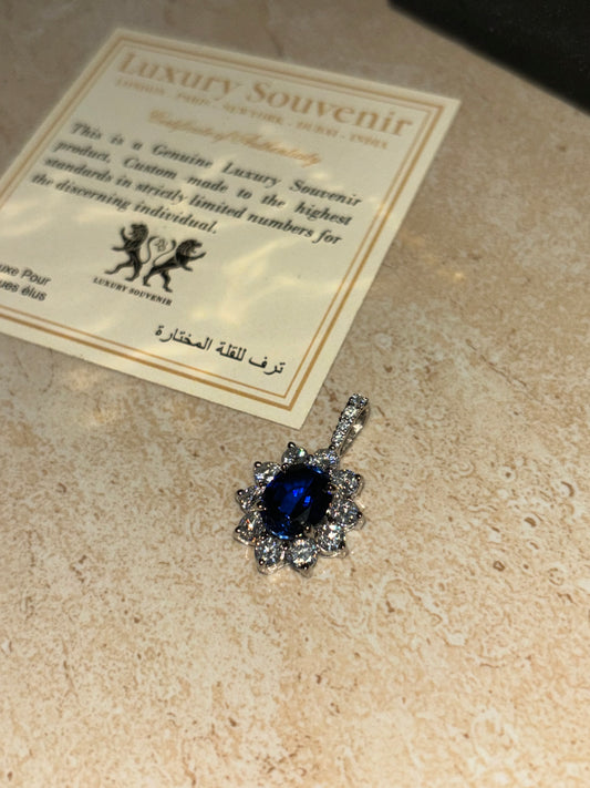 Lab Grown Blue Sapphire 5 Carat Pendant with Lab Diamonds on White Gold