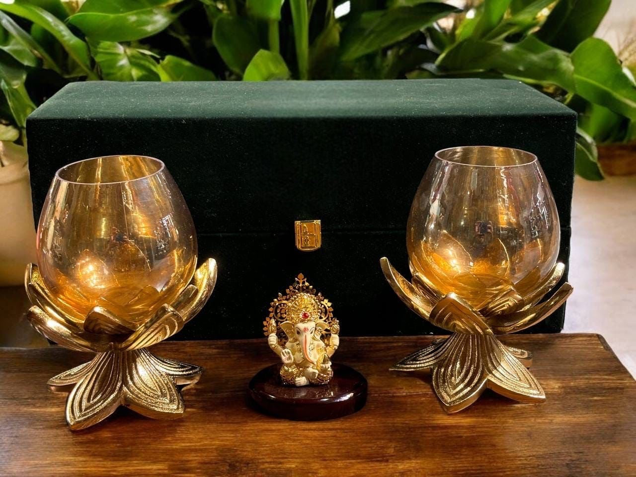 Ganesh Ji with Tea Light Holder Gold Plated set with Luxury Box