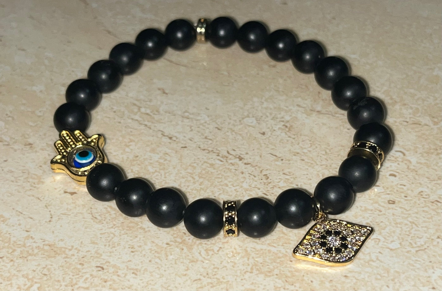 Evil Eye / Hand of Hamsa Bracelet in Black Beads with Hand of Hamsa Charm 🪬 24Kt Gold Plated