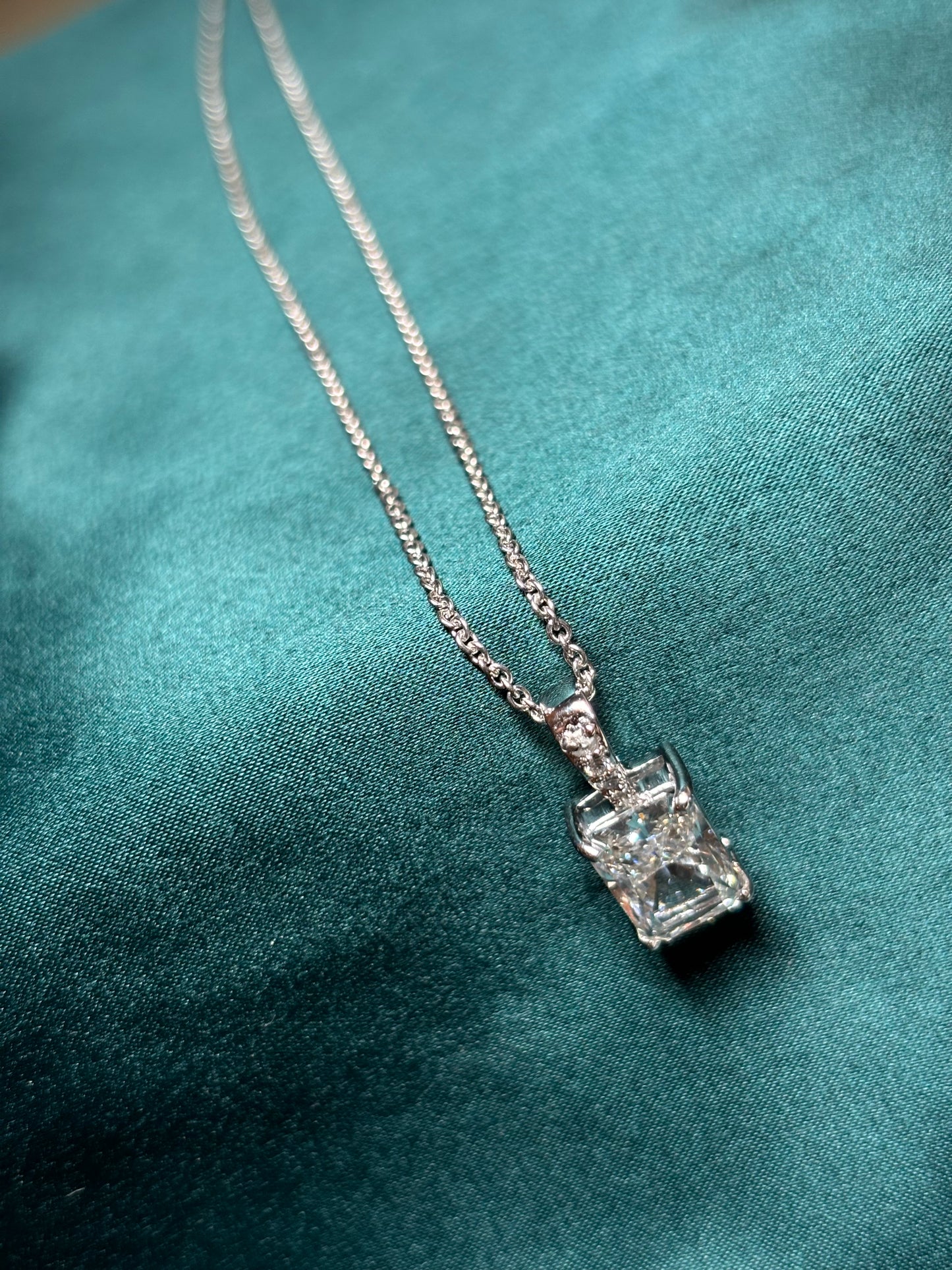 3 Carat Radiant Cut Lab Grown Diamond pendant in 14Kt Hallmarked Gold