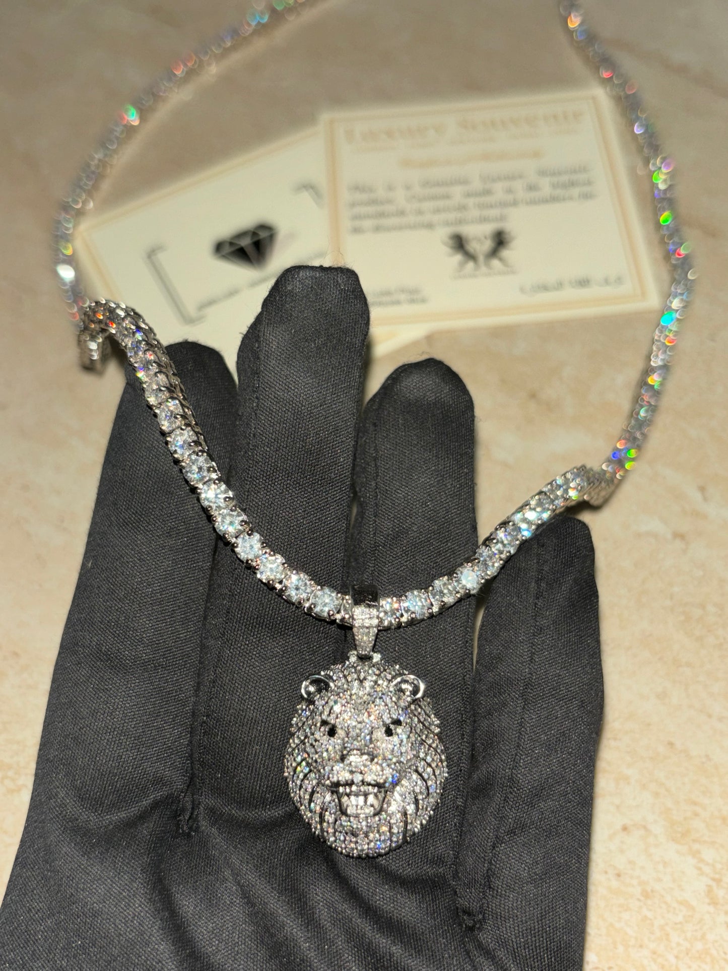 LionRoar Pendant with Tennis Diamond Chain Iced Out Diamonds in Moissanite and Silver Base